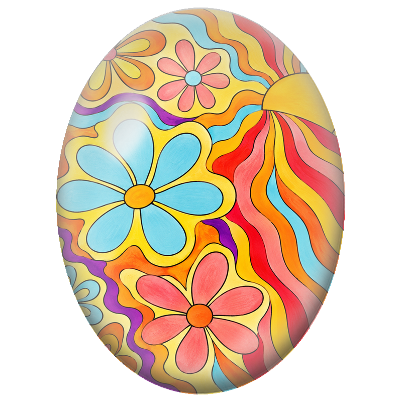 Cabochon en Verre Illustré Fleurs Psychédéliques Jaunes Roses et Bleues 13x18, 18x25 ou 30x40mm