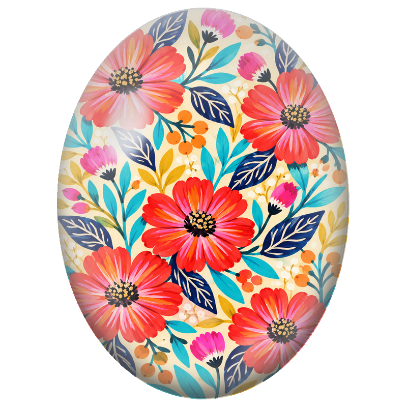 Cabochon en Verre Illustré Fleurs Rouges et Feuillage Turquoise 13x18, 18x25 ou 30x40mm