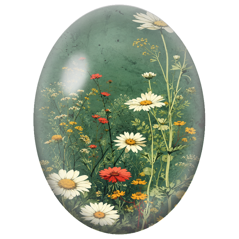 Cabochon en Verre Illustré Marguerites Champêtres sur Fond Vert 13x18, 18x25 ou 30x40mm