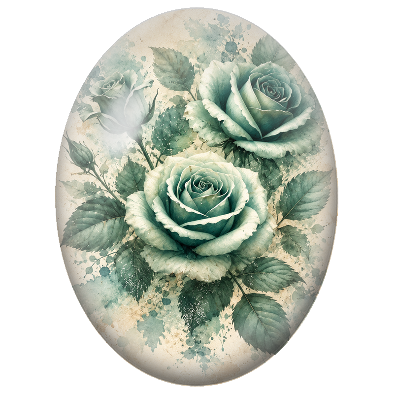 Cabochon en Verre Illustré Roses Vert Sauge à l’Aquarelle 13x18, 18x25 ou 30x40mm