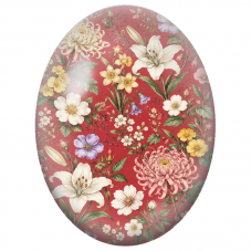 Cabochon en Verre Illustré Lys et Chrysanthèmes sur Fond Rouge 13x18, 18x25 ou 30x40mm - Pour la Création de Bijoux Fantaisie