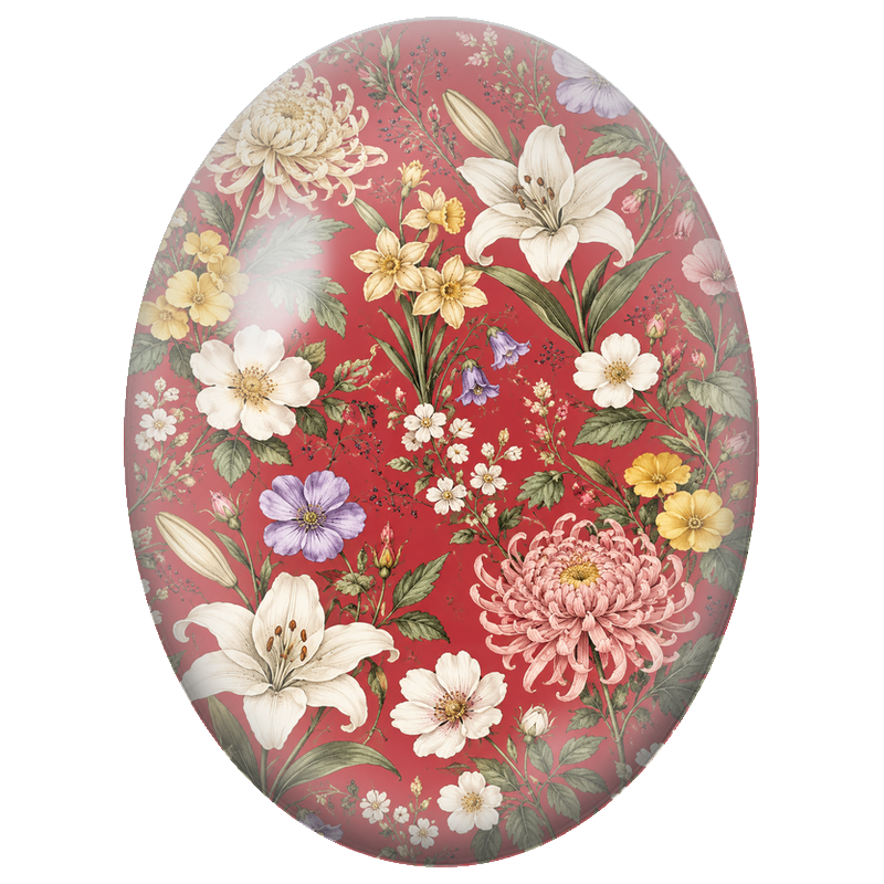 Cabochon en Verre Illustré Lys et Chrysanthèmes sur Fond Rouge 13x18, 18x25 ou 30x40mm