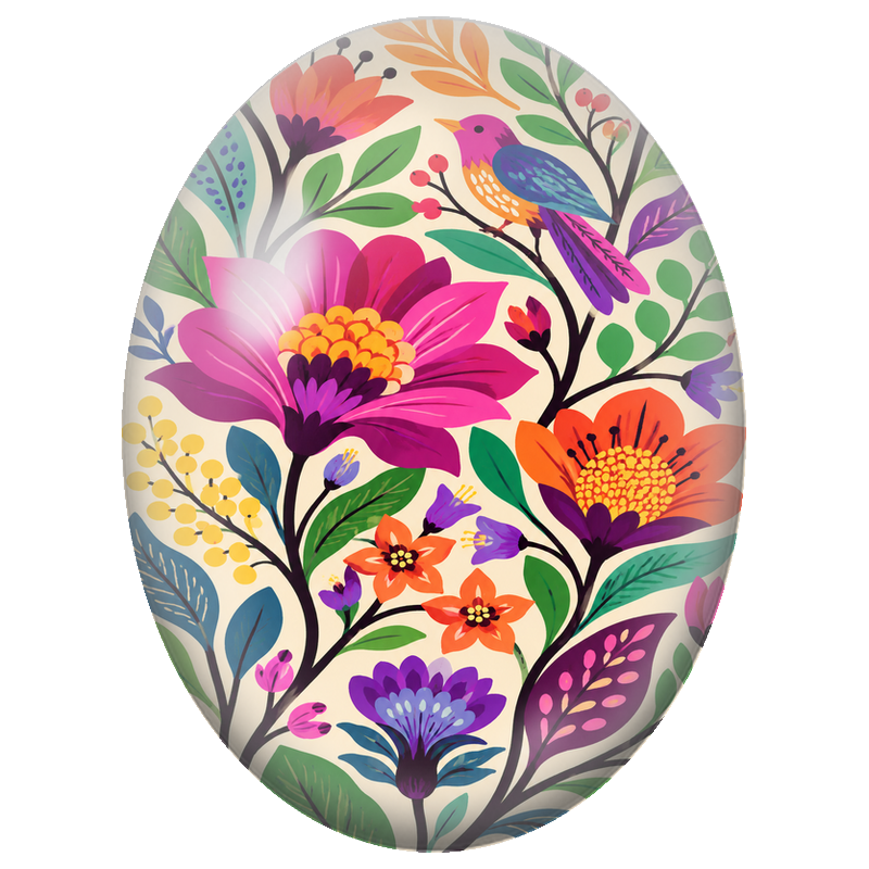Cabochon en Verre Illustré Oiseau Coloré dans un Jardin Fleuri 13x18, 18x25 ou 30x40mm