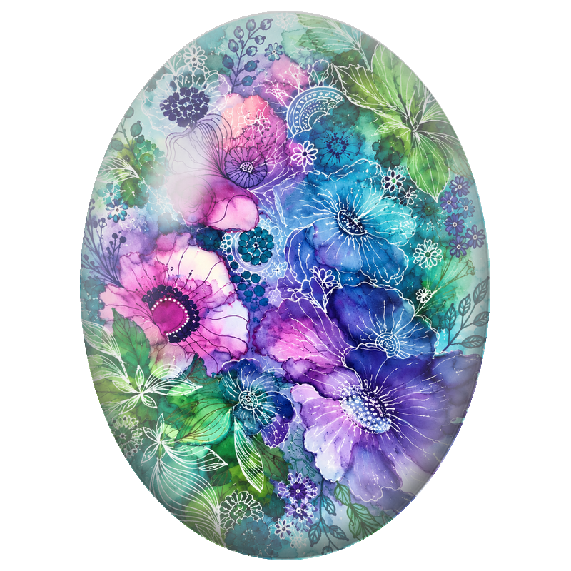 Cabochon en Verre Illustré Fleurs Bleues et Violettes en Dentelle 13x18, 18x25 ou 30x40mm