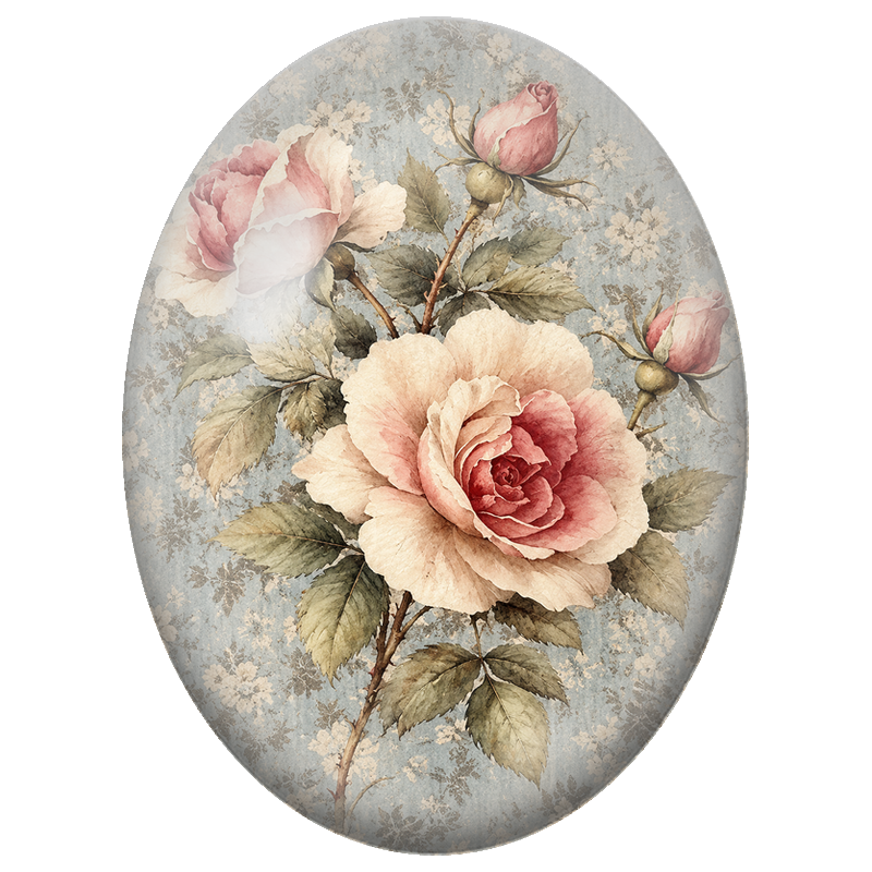 Cabochon en Verre Illustré Roses Anciennes sur Fond Bleu Patiné 13x18, 18x25 ou 30x40mm