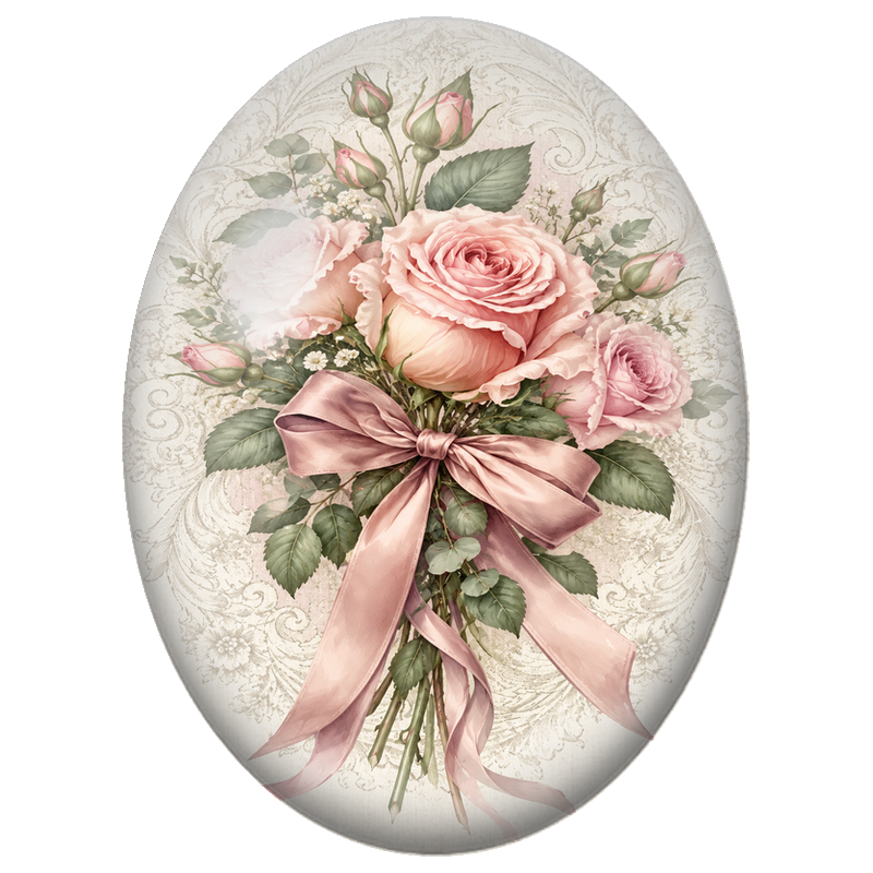 Cabochon en Verre Illustré Bouquet de Roses Roses au Nœud de Satin 13x18, 18x25 ou 30x40mm