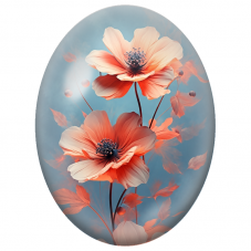 Cabochon en Verre Illustré Coquelicots Corail sur Fond Bleu 13x18, 18x25 ou 30x40mm - Pour la Création de Bijoux Fantaisie - DIY