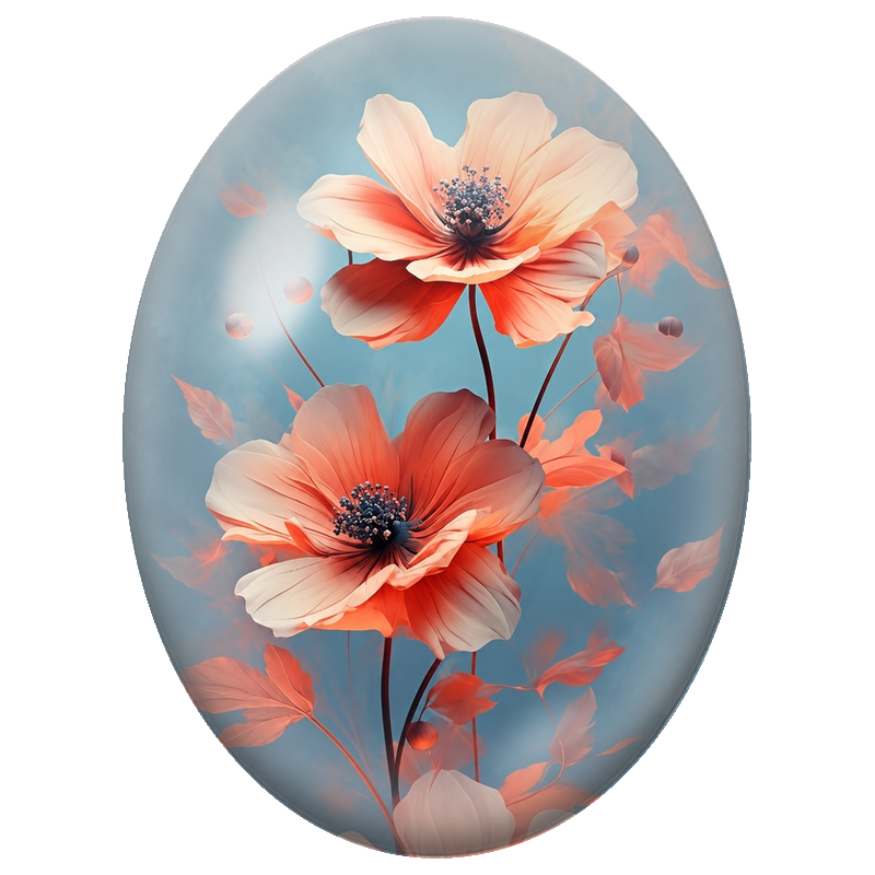 Cabochon en Verre Illustré Coquelicots Corail sur Fond Bleu 13x18, 18x25 ou 30x40mm