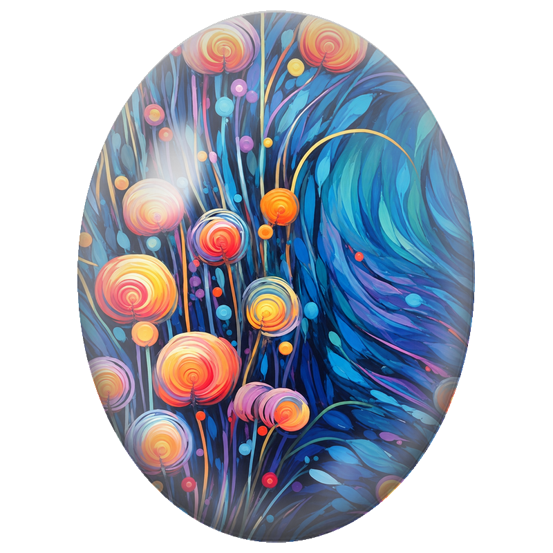 Cabochon en Verre Illustré Fleurs Sphériques dans un Jardin Bleu 13x18, 18x25 ou 30x40mm