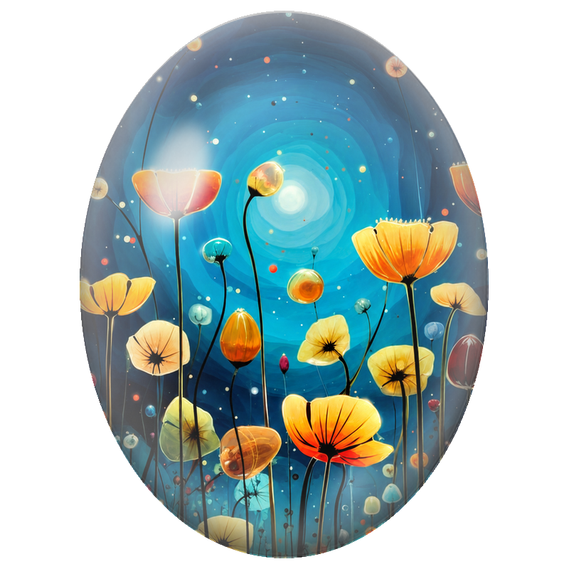 Cabochon en Verre Illustré Fleurs Dorées sous un Ciel Étoilé 13x18, 18x25 ou 30x40mm