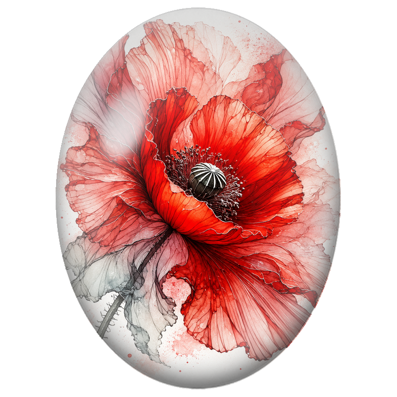 Cabochon en Verre Illustré Grand Coquelicot Rouge à l’Encre 13x18, 18x25 ou 30x40mm