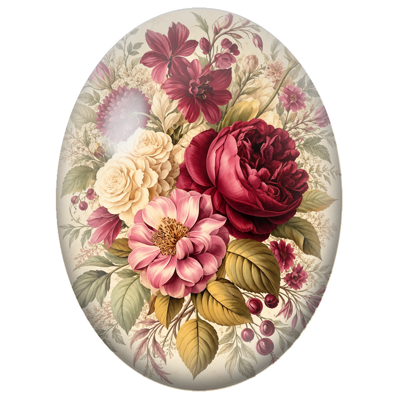 Cabochon en Verre Illustré Bouquet Bordeaux et Crème Vintage 13x18, 18x25 ou 30x40mm