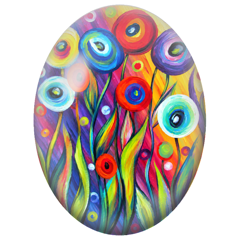 Cabochon en Verre Illustré Fleurs Rondes Multicolores 13x18, 18x25 ou 30x40mm
