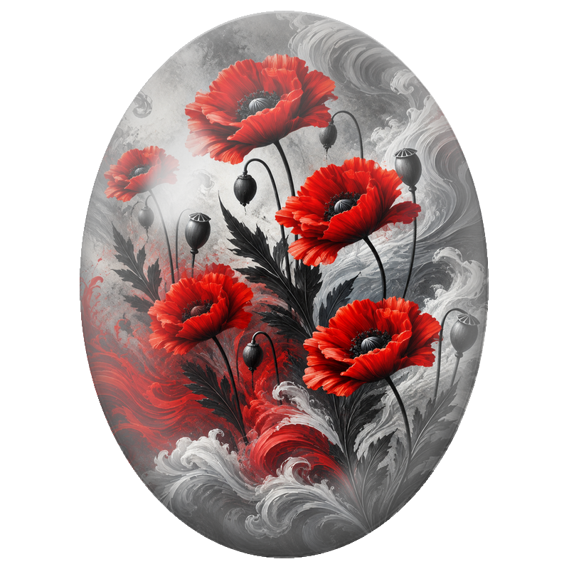 Cabochon en Verre Illustré Coquelicots Rouges dans des Vagues Noires 13x18, 18x25 ou 30x40mm