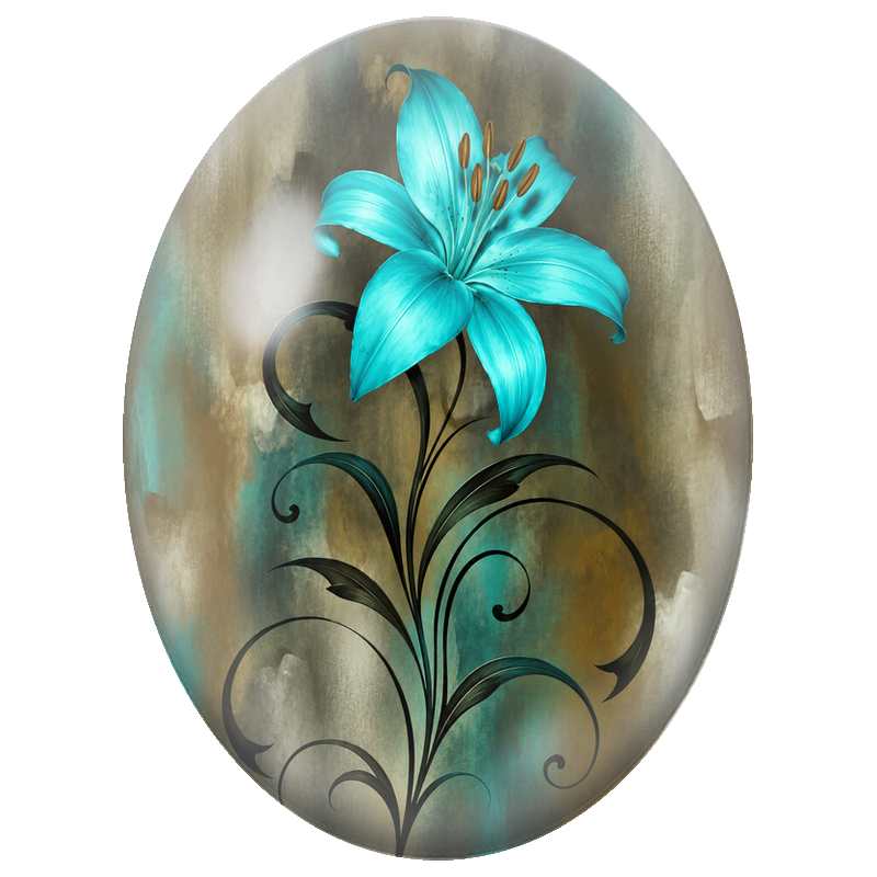 Cabochon en Verre Illustré Lys Turquoise aux Arabesques Noires 13x18, 18x25 ou 30x40mm