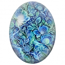 Cabochon en Verre Illustré Fleurs Bleues aux Dessins Blancs 13x18, 18x25 ou 30x40mm - Pour la Création de Bijoux Fantaisie - DIY