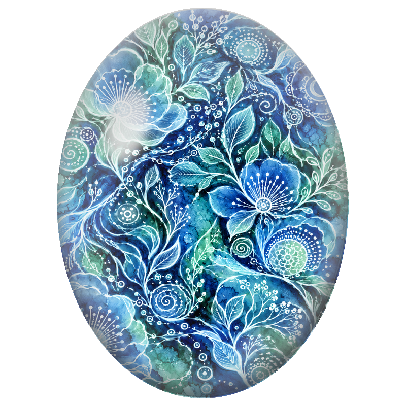 Cabochon en Verre Illustré Fleurs Bleues aux Dessins Blancs 13x18, 18x25 ou 30x40mm