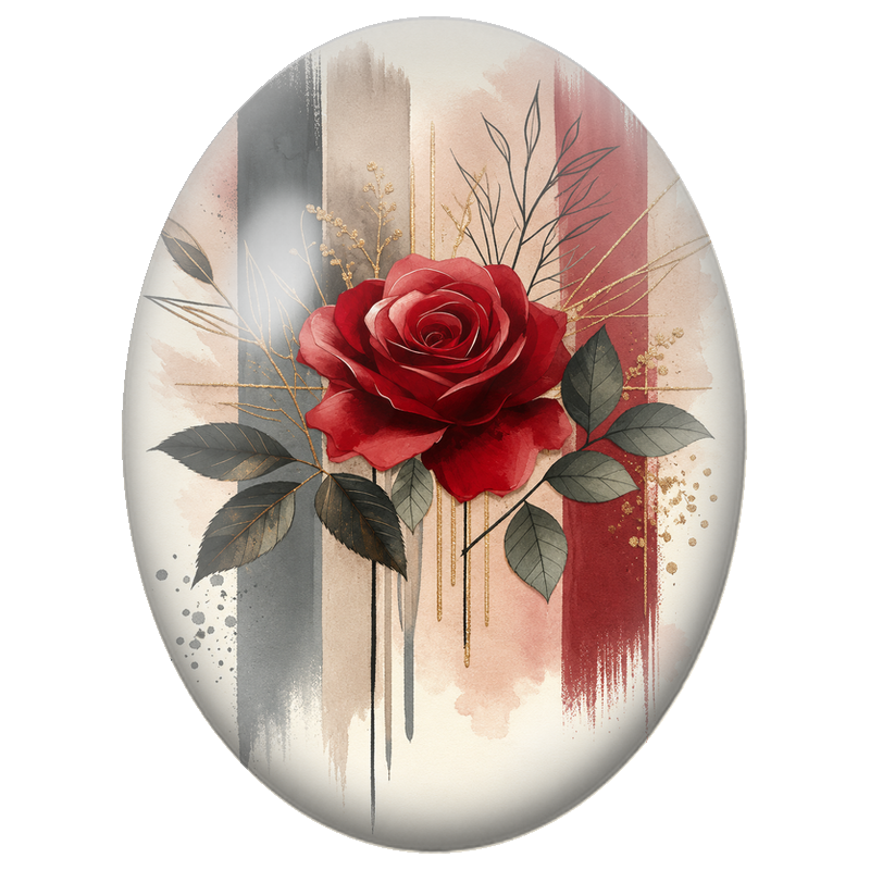 Cabochon en Verre Illustré Rose Rouge sur Aplats Abstraits 13x18, 18x25 ou 30x40mm