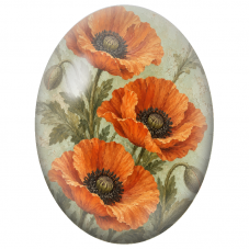 Cabochon en Verre Illustré Coquelicots Orange sur Fond Vert Patiné 13x18, 18x25 ou 30x40mm - Pour la Création de Bijoux