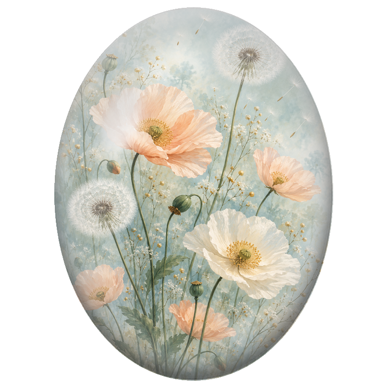 Cabochon en Verre Illustré Coquelicots Poudrés et Pissenlits 13x18, 18x25 ou 30x40mm