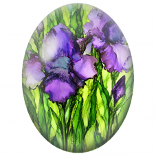 Cabochon en Verre Illustré Iris Violets et Feuillage Vert 13x18, 18x25 ou 30x40mm - Pour la Création de Bijoux Fantaisie - DIY