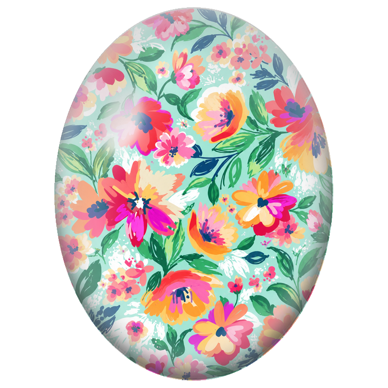 Cabochon en Verre Illustré Fleurs Colorées sur Fond Vert d’Eau 13x18, 18x25 ou 30x40mm