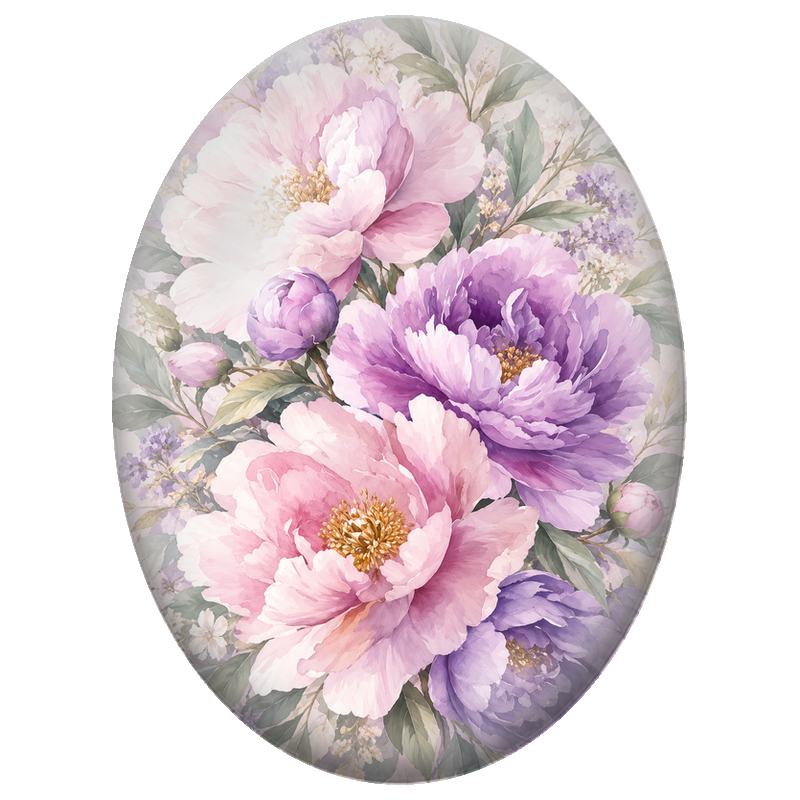 Cabochon en Verre Illustré Pivoines Roses et Mauves 13x18, 18x25 ou 30x40mm