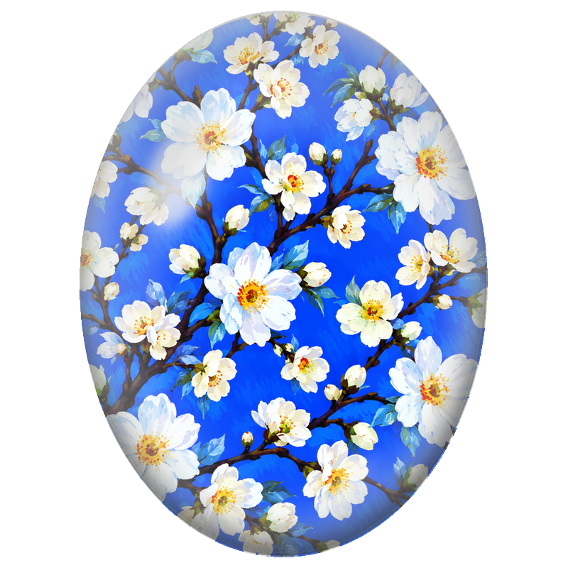 Cabochon en Verre Illustré Fleurs de Cerisier Blanches sur Fond Bleu 13x18, 18x25 ou 30x40mm