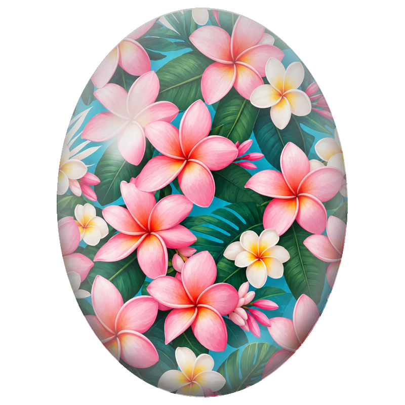 Cabochon en Verre Illustré Frangipaniers Roses et Blancs 13x18, 18x25 ou 30x40mm