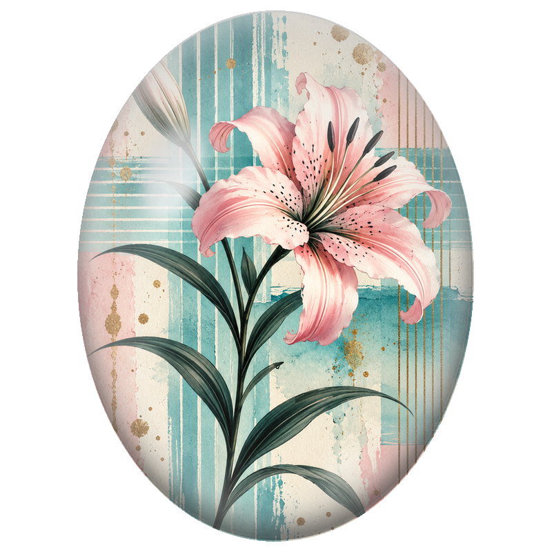 Cabochon en Verre Illustré Lys Rose sur Fond Graphique Turquoise 13x18, 18x25 ou 30x40mm