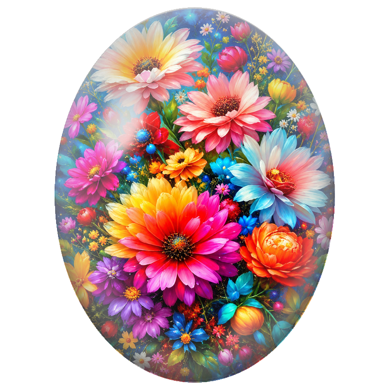 Cabochon en Verre Illustré Bouquet Fleuri sous un Ciel Étoilé 13x18, 18x25 ou 30x40mm