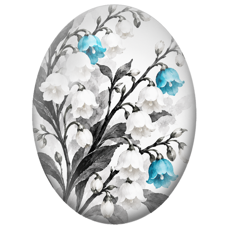 Cabochon en Verre Illustré Clochettes Blanches et Bleues en Noir et Blanc 13x18, 18x25 ou 30x40mm