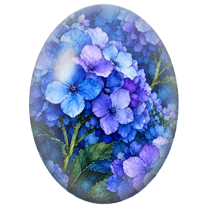 Cabochon en Verre Illustré Hortensias Bleus et Violets 13x18, 18x25 ou 30x40mm