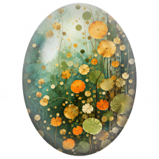 Cabochon en Verre Illustré Fleurs Rondes Dorées sur Fond Vert 13x18, 18x25 ou 30x40mm - Pour la Création de Bijoux Fantaisie