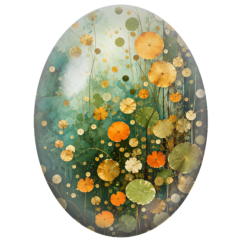 Cabochon en Verre Illustré Fleurs Rondes Dorées sur Fond Vert 13x18, 18x25 ou 30x40mm