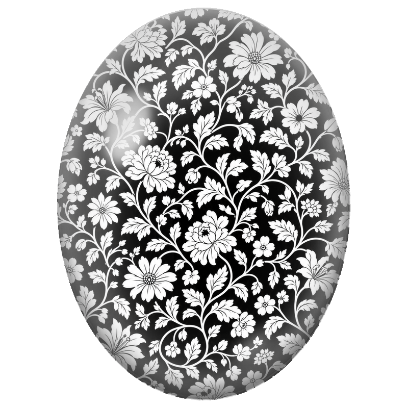 Cabochon en Verre Illustré Fleurs Blanches en Arabesques sur Fond Noir 13x18, 18x25 ou 30x40mm