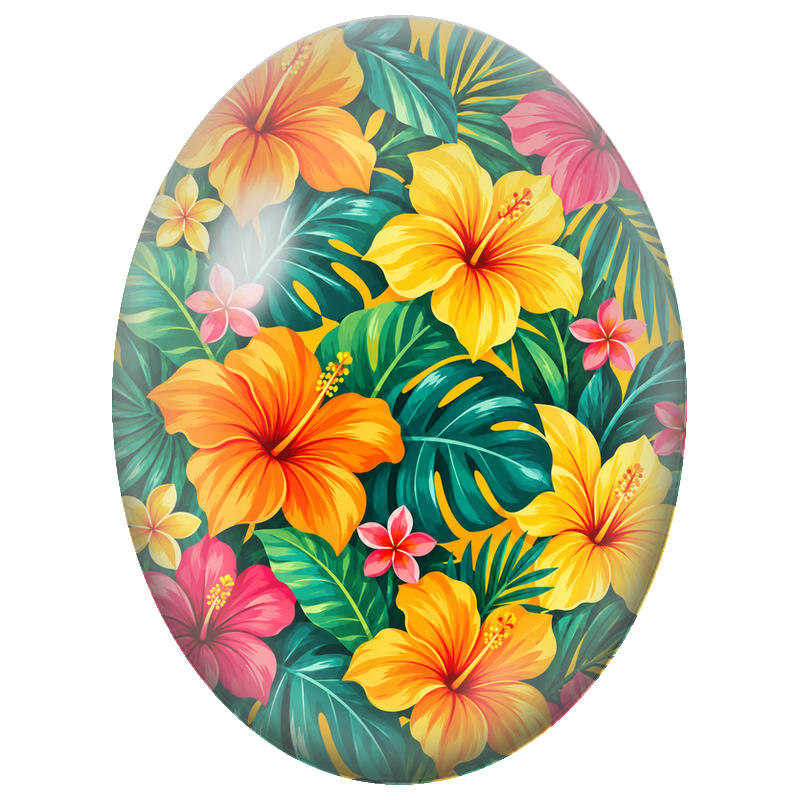 Cabochon en Verre Illustré Hibiscus Jaunes et Orange Tropicaux 13x18, 18x25 ou 30x40mm