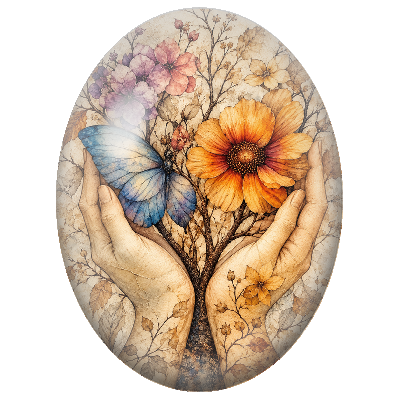 Cabochon en Verre Illustré Mains Papillon et Fleurs Anciennes 13x18, 18x25 ou 30x40mm