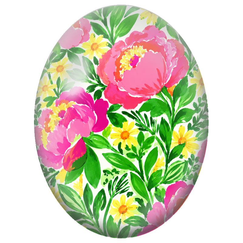 Cabochon en Verre Illustré Pivoines Roses et Petites Fleurs Jaunes 13x18, 18x25 ou 30x40mm
