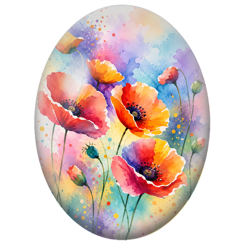 Cabochon en Verre Illustré Coquelicots Orange à l’Aquarelle 13x18, 18x25 ou 30x40mm
