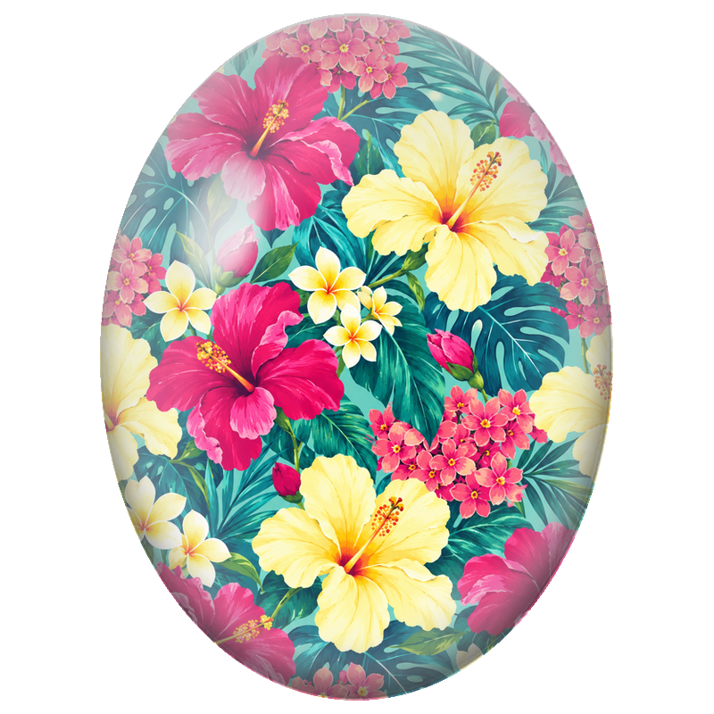 Cabochon en Verre Illustré Hibiscus Jaunes et Fuchsia 13x18, 18x25 ou 30x40mm
