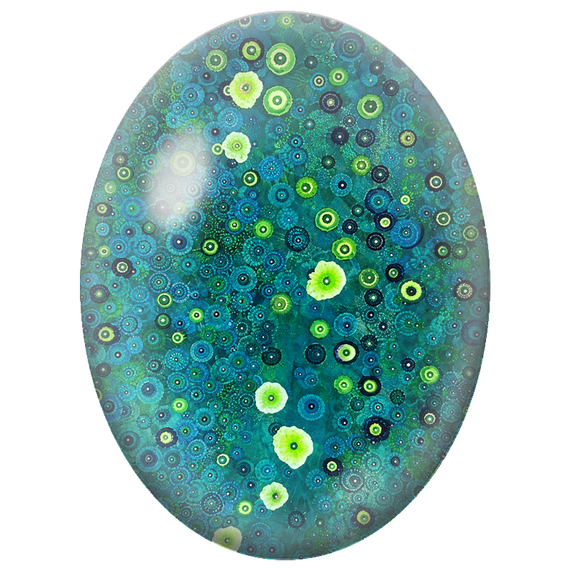 Cabochon en Verre Illustré Fleurs Circulaires Bleues et Vertes 13x18, 18x25 ou 30x40mm