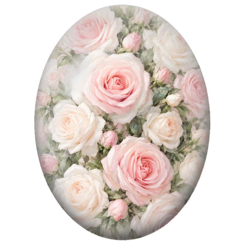 Cabochon en Verre Illustré Roses Blanches et Rose Pâle 13x18, 18x25 ou 30x40mm