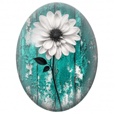 Cabochon en Verre Illustré Fleur Blanche sur Bois Turquoise 13x18, 18x25 ou 30x40mm - Pour la Création de Bijoux Fantaisie - DIY
