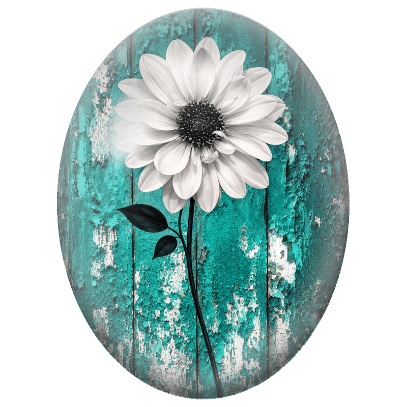 Cabochon en Verre Illustré Fleur Blanche sur Bois Turquoise 13x18, 18x25 ou 30x40mm