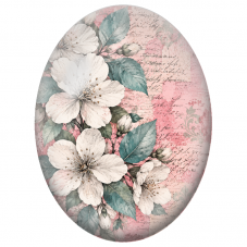 Cabochon en Verre Illustré Fleurs Blanches sur Écriture Rose Vintage 13x18, 18x25 ou 30x40mm - Pour la Création de Bijoux
