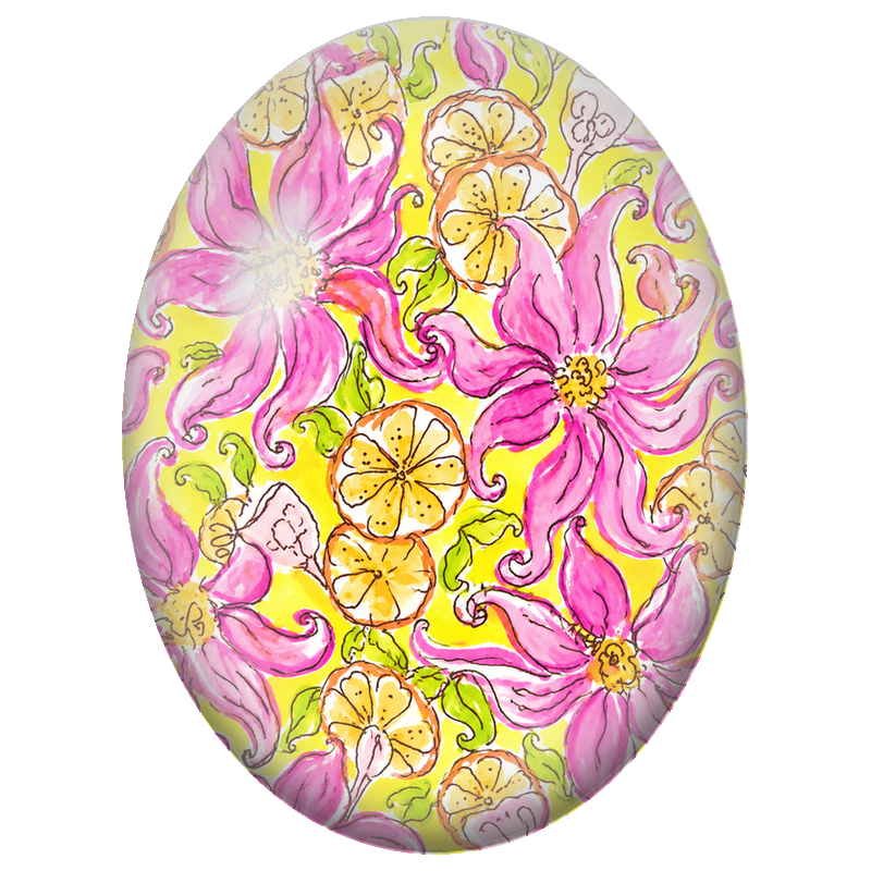 Cabochon en Verre Illustré Fleurs Roses et Jaunes Fantaisie 13x18, 18x25 ou 30x40mm