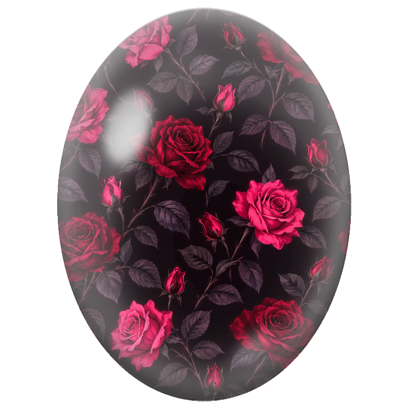 Cabochon en Verre Illustré Roses Rouges sur Fond Noir 13x18, 18x25 ou 30x40mm