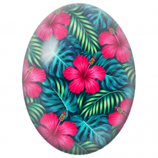 Cabochon en Verre Illustré Hibiscus Fuchsia et Feuillage Turquoise 13x18, 18x25 ou 30x40mm - Pour la Création de Bijoux