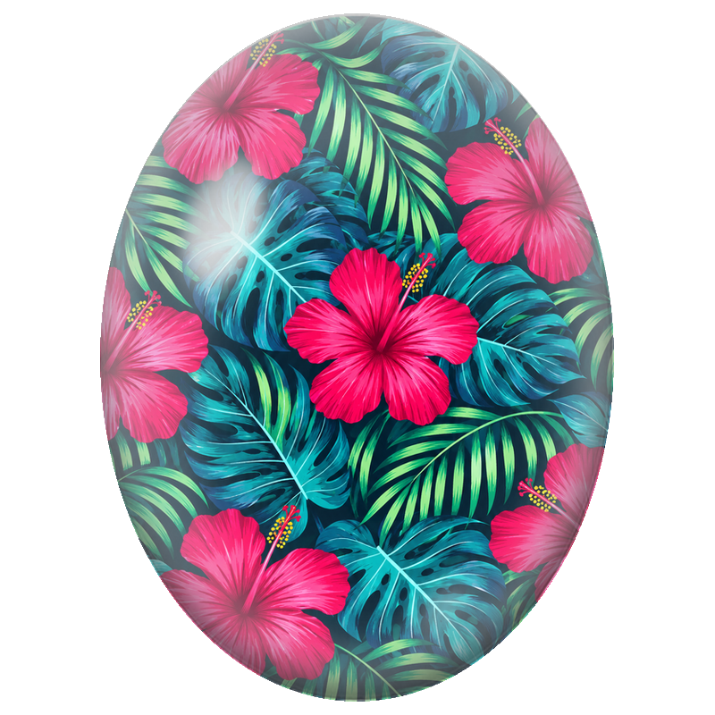 Cabochon en Verre Illustré Hibiscus Fuchsia et Feuillage Turquoise 13x18, 18x25 ou 30x40mm
